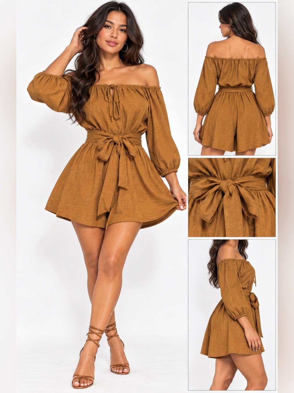 Gianni Bini Off Shoulder Linen Blend Belted Romper Rust Brown